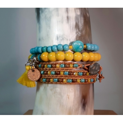 wikkelarmband in turquoise met geel en bruin wikkelarmband in turquoise met geel en bruin